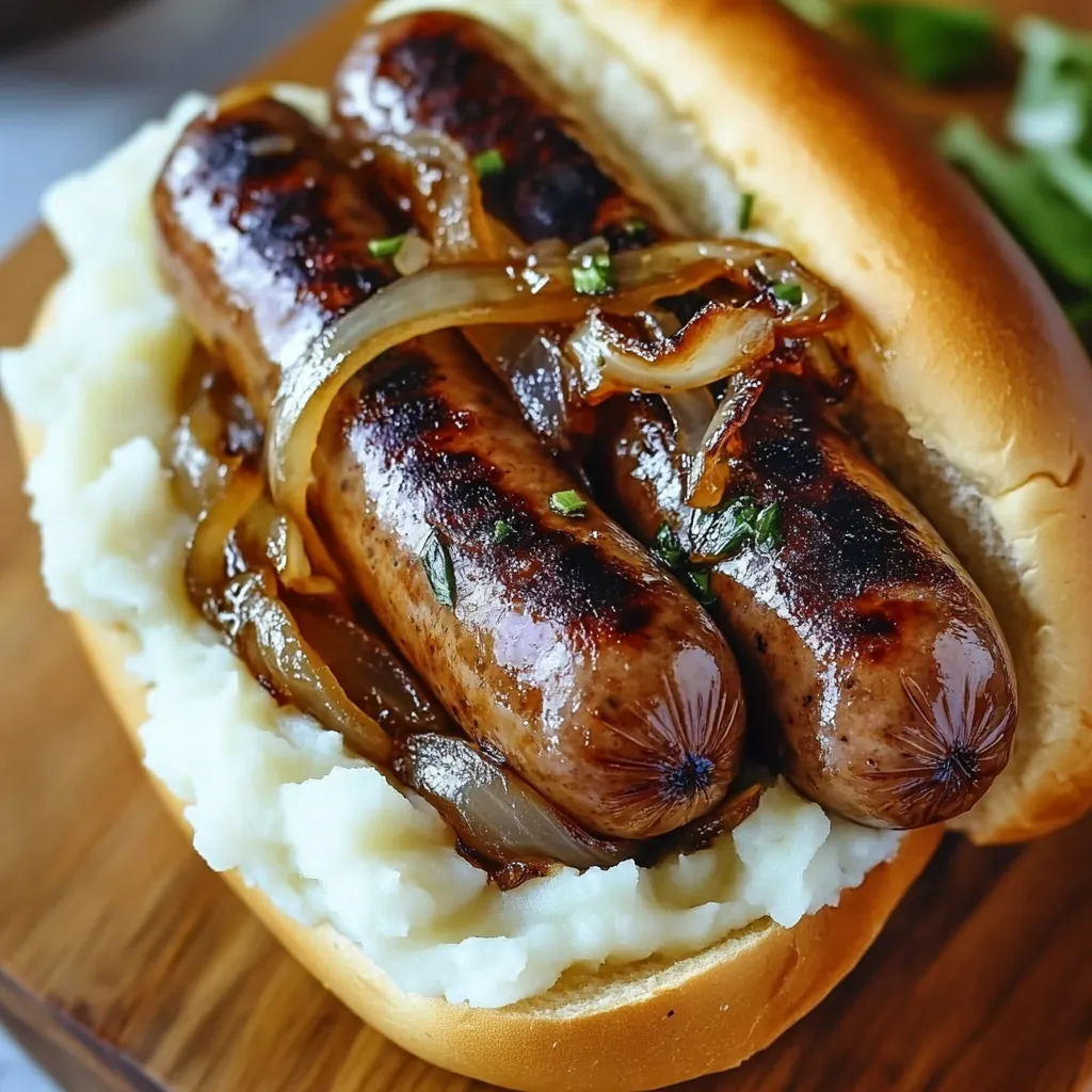Ein Bratwurst mit Sauerkraut und Zwiebeln auf einem Toastbrot.