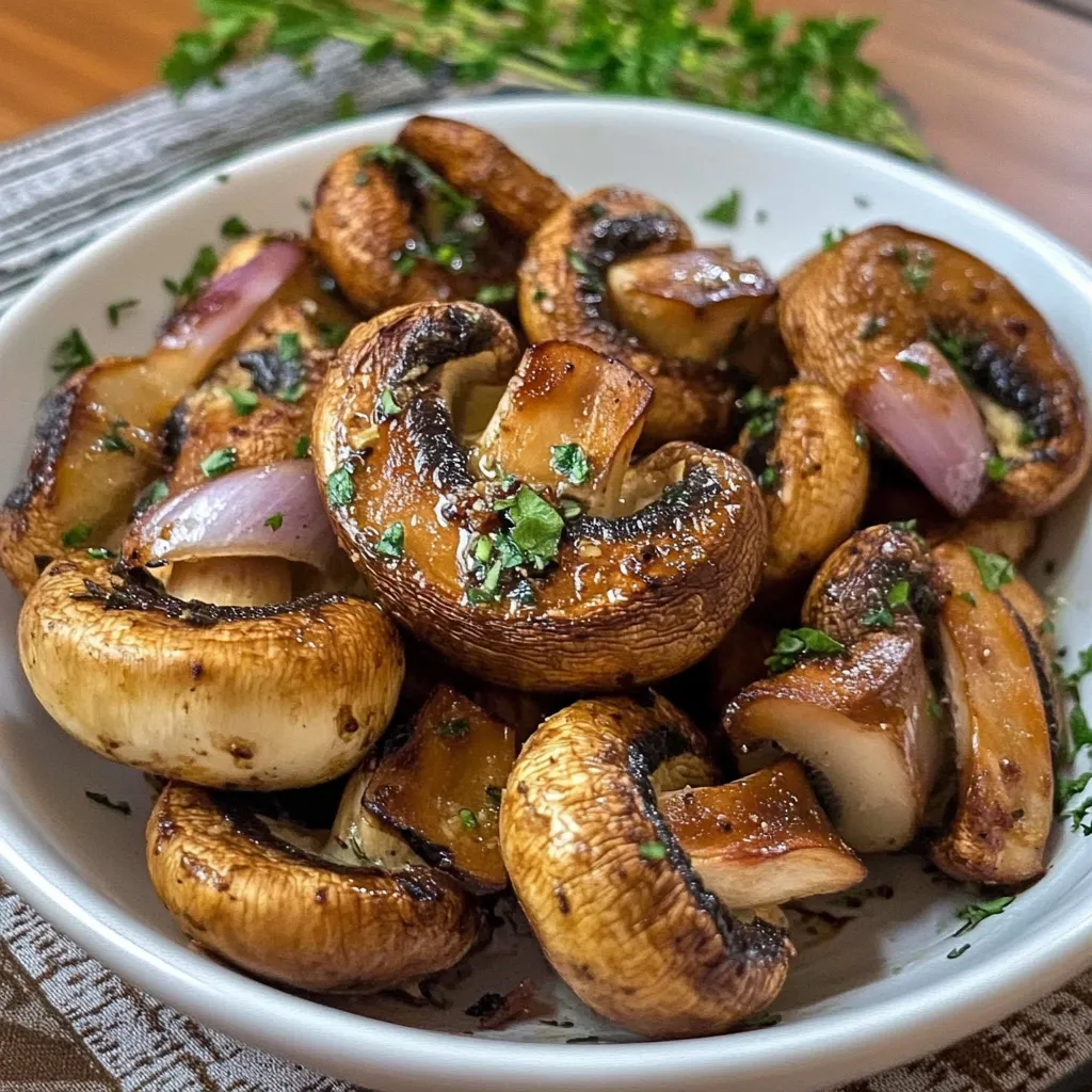 Ein weißer Teller mit Champignons aus der Heißluftfritteuse.