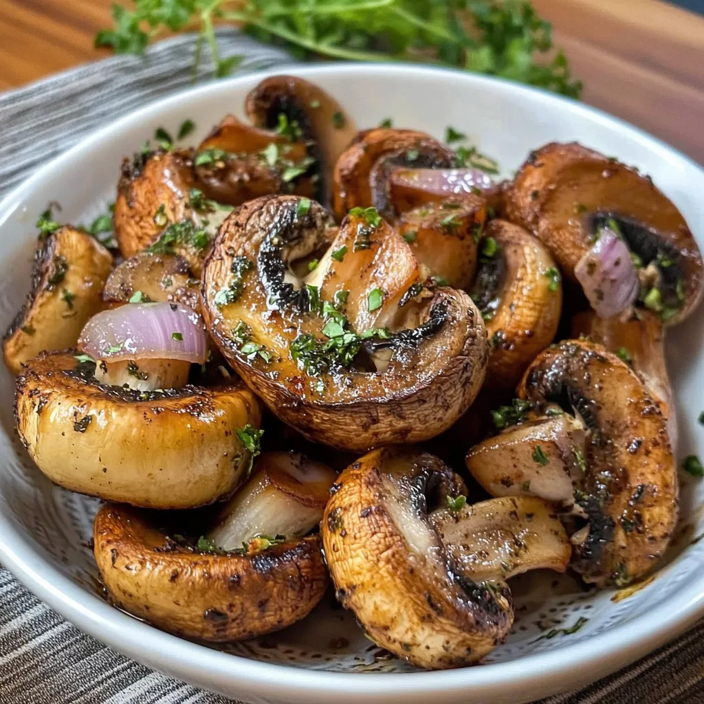 Ein weißer Teller mit Champignons, die in einer Heißluftfritteuse zubereitet wurden.
