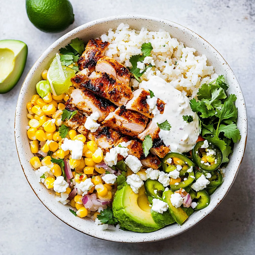 Ein großer, weißer Teller mit einer Mischung aus Rice, Käse, Garnelen, Avocado, Lime und Zwiebeln.