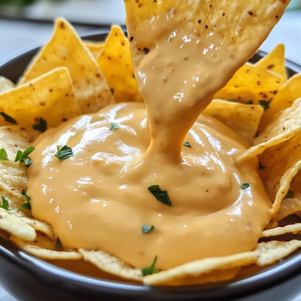 Ein Schmelztopf mit einer Sauce, die auf den Tortillachips fällt.