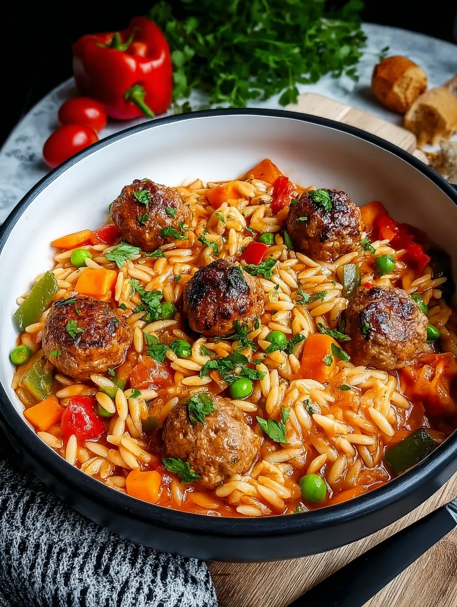 Ein Schüssel mit Riso, Tomaten, Paprika, Zwiebeln und Kartoffeln.