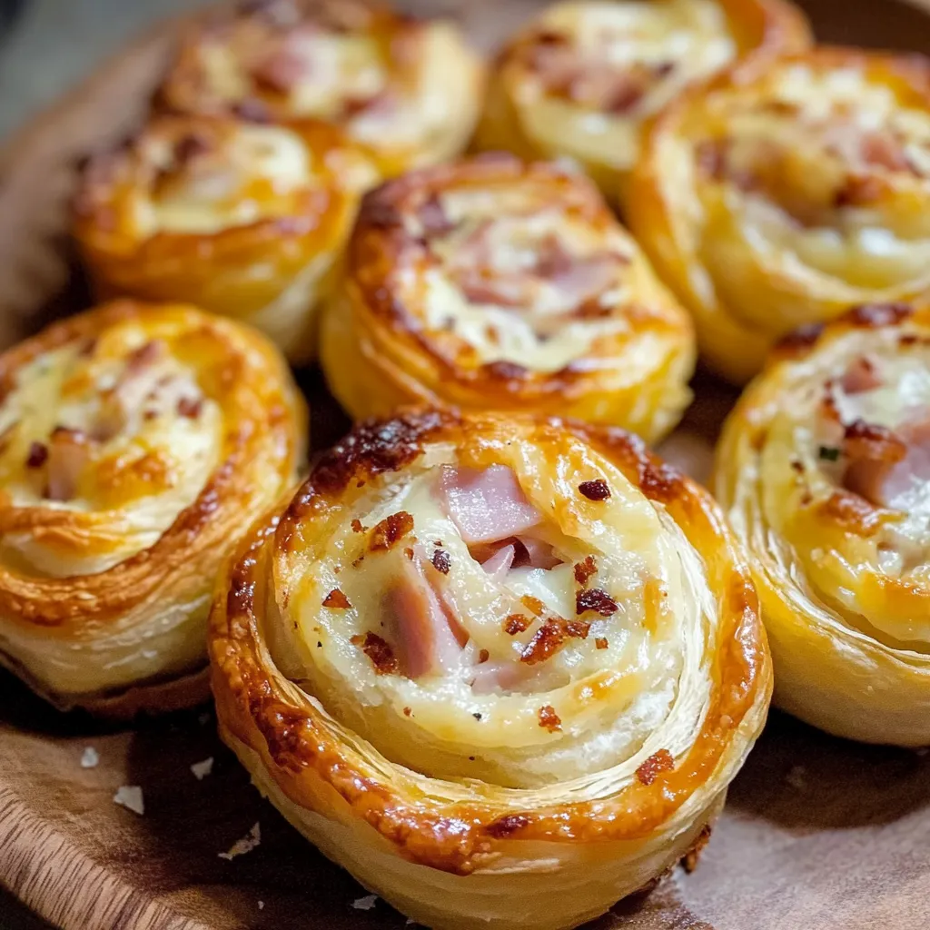 Eine Platte mit sechs golden getauchten, geschwefelten und gerösteten Croissants, die mit Ham und Käse gefüllt sind.