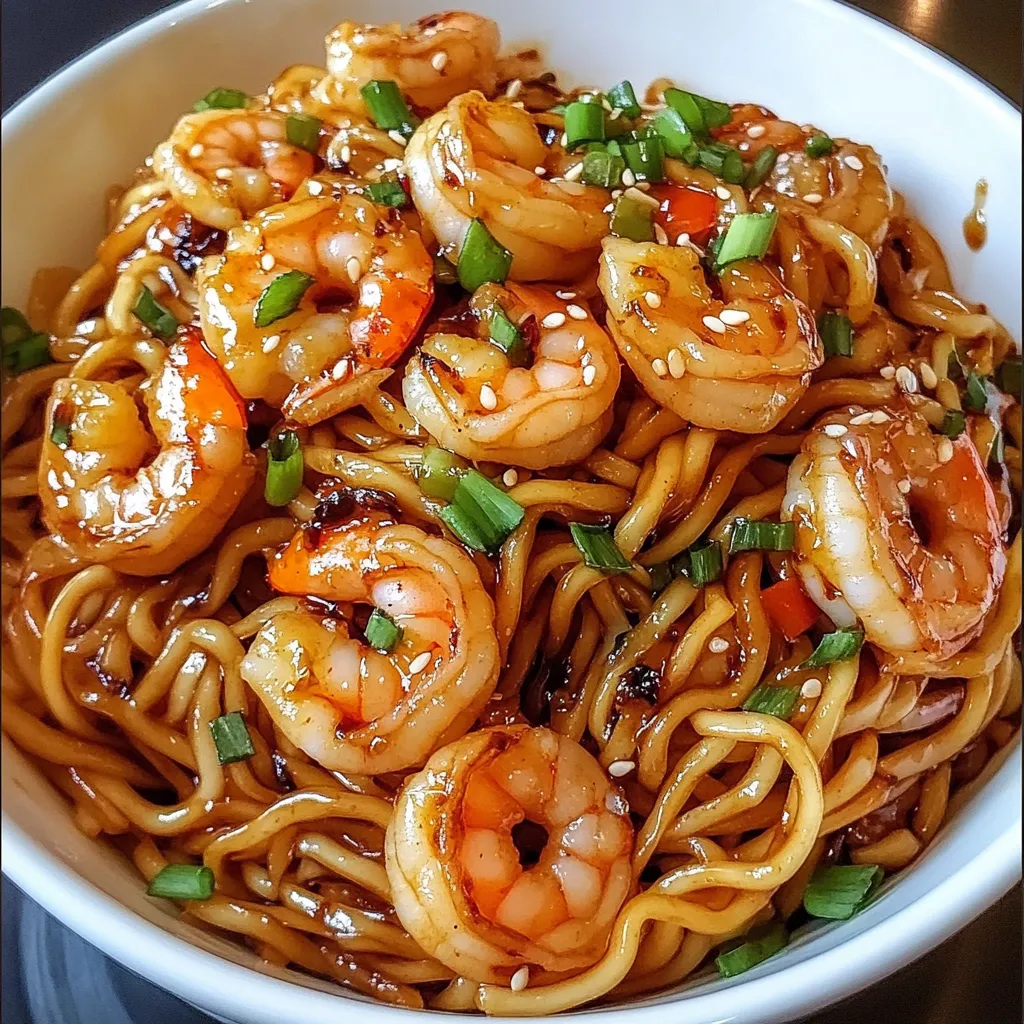Ein weißer Teller mit einer Mischung aus Shrimp, Sesam und Noodles.