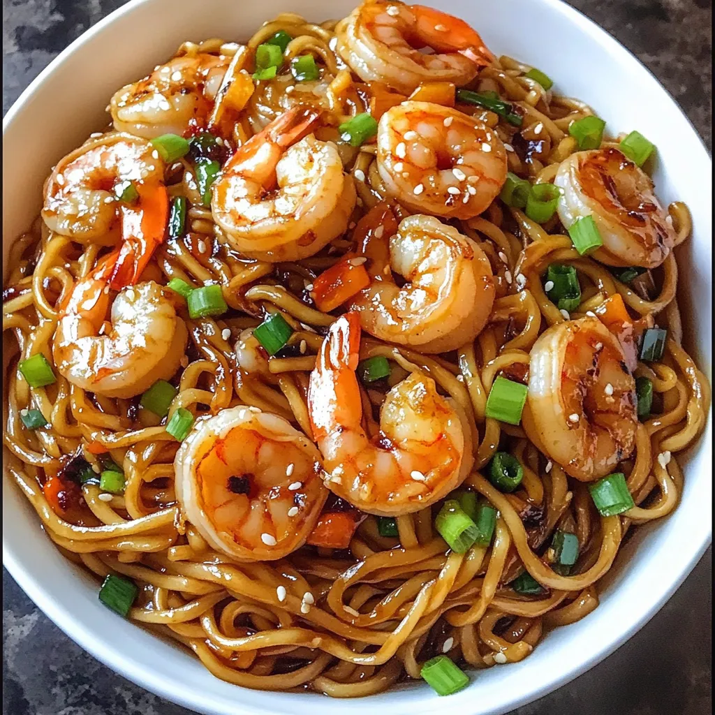 Ein weißer Becher mit einer Mischung aus Shrimp, Noodles und Zwiebeln.