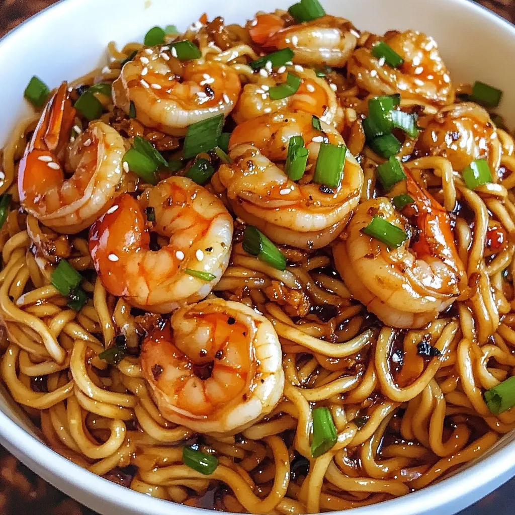 Ein weißer Teller mit einer Mischung aus Shrimp, Zwiebeln und Noodles.