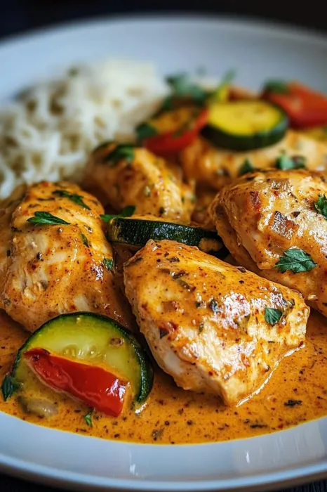 Eine Schüssel mit Zwiebeln und Zucchini in einer Sauce.