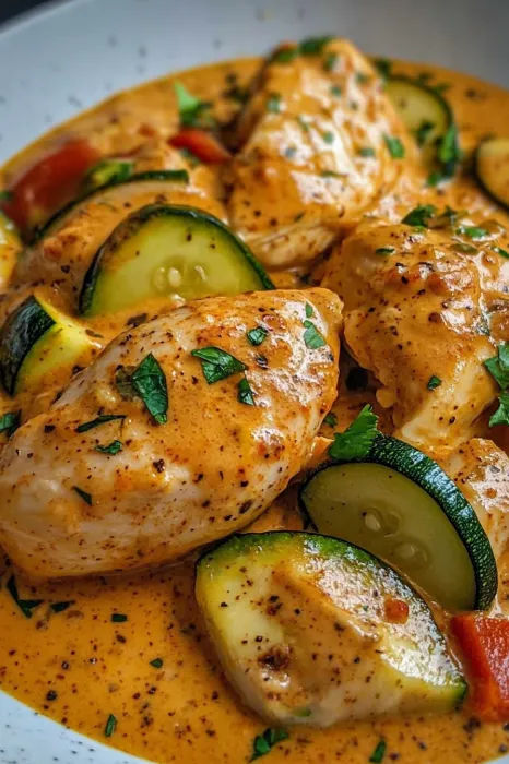 Eine Schüssel mit Zwiebeln und Zucchini in einer Sauce.
