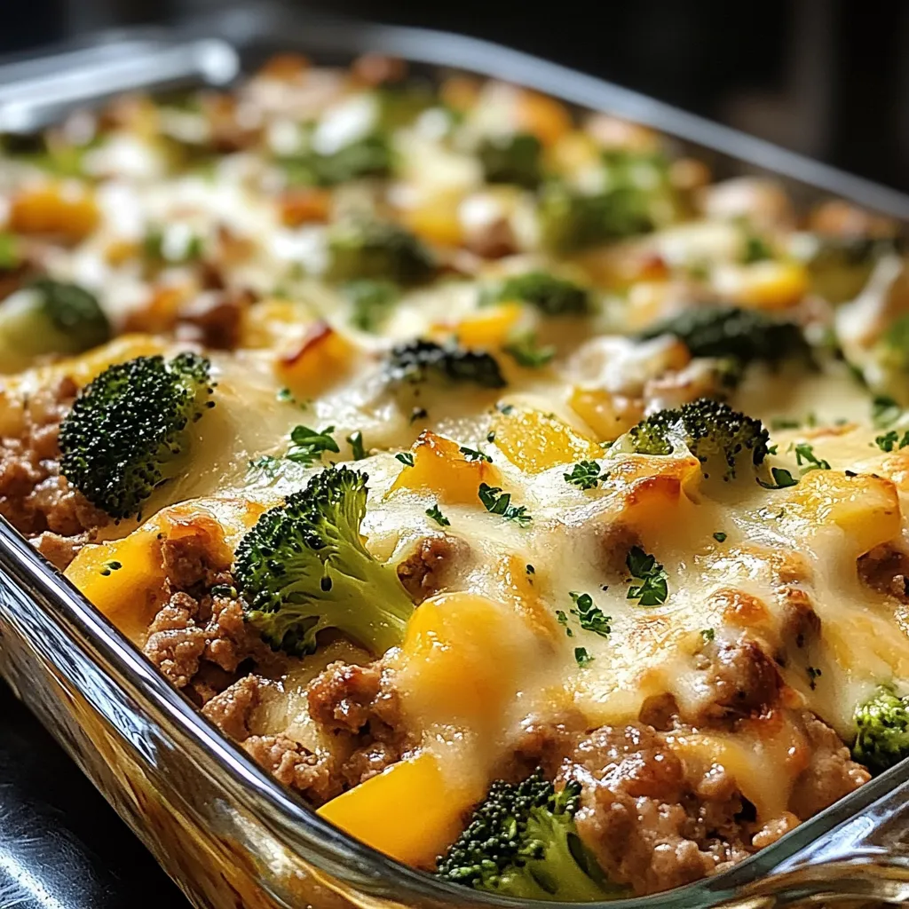 Ein Glas mit einer Lasagne, die mit Broccoli, Zwiebeln und Käse zubereitet wurde.