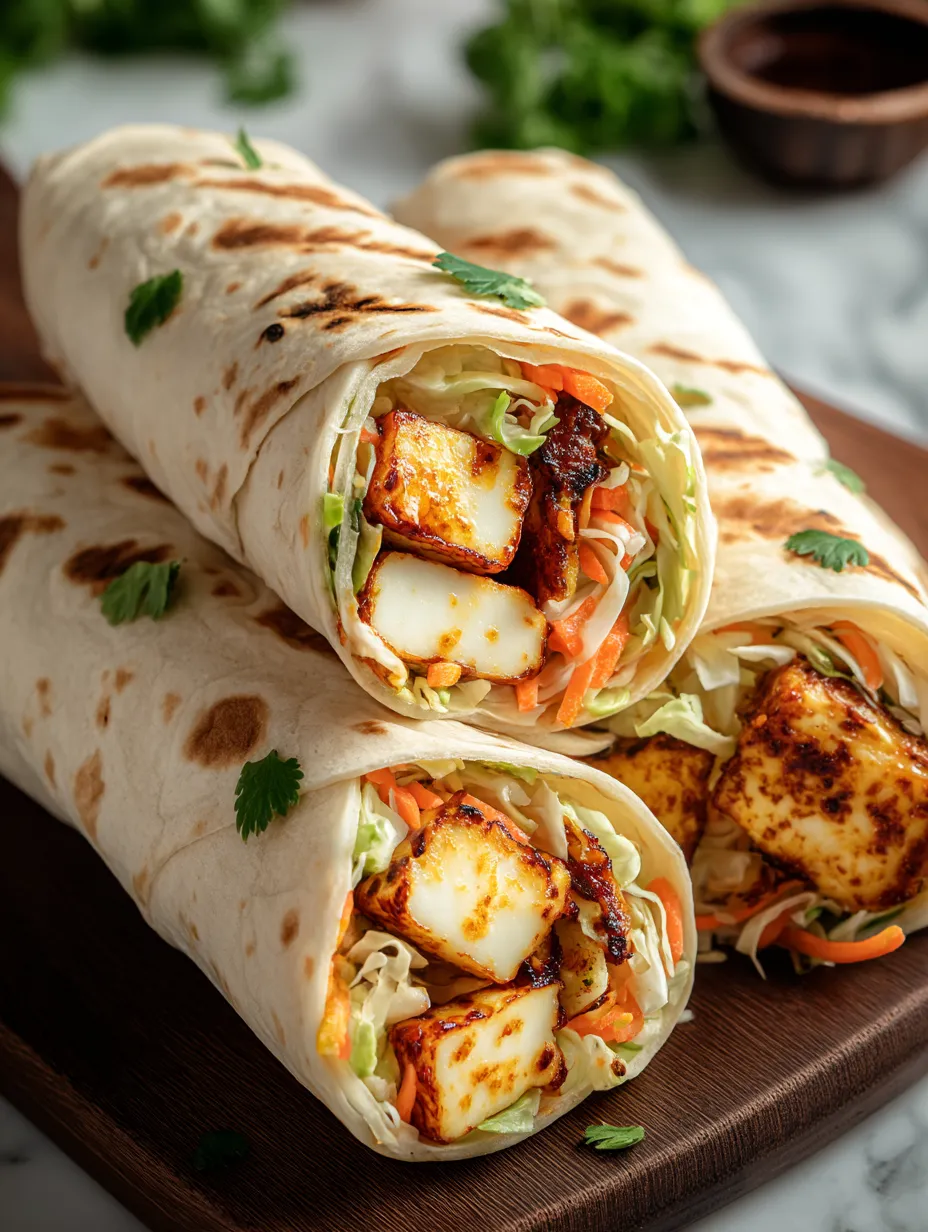 Zwei quadratische, kräftige Falafel-Rolls mit verschiedenen Zutaten wie Kartoffeln, Karotten, Zwiebeln und Koriander auf einem Holzblock.