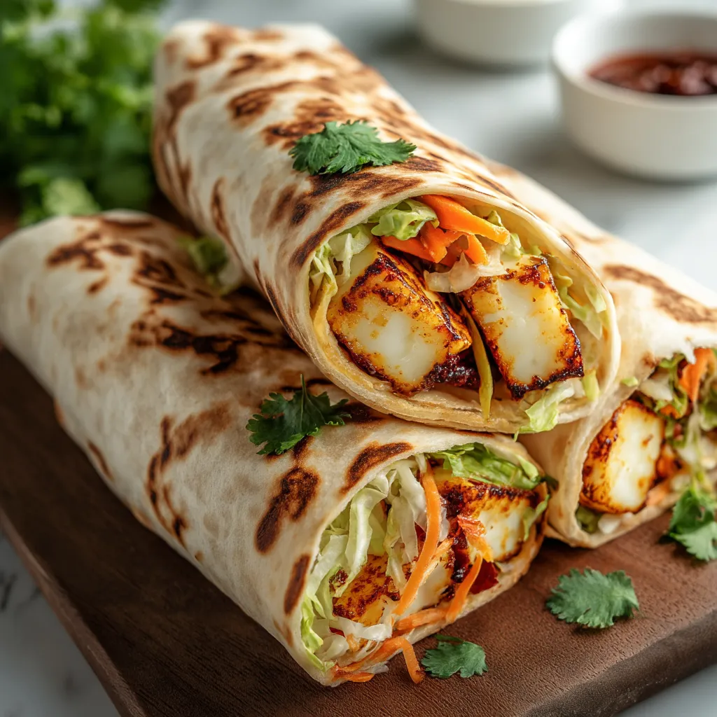 Ein prägnantes Bildbeschreibungstext auf Deutsch lautet: "Ein großes, grünes und goldfarbenes Taco mit vielen Zutaten wie Karotten, Zwiebeln und Koriander auf einem Holzblock.