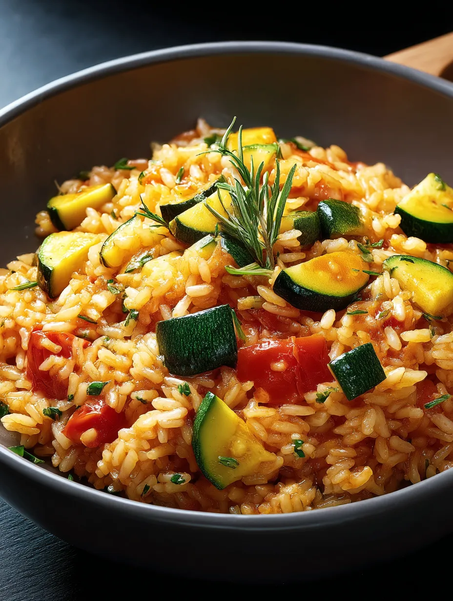Ein großer, schwarzer Topf mit einer Mischung aus Reis und Gemüse, darunter Zucchini, Karotten, Paprika und Koriander.