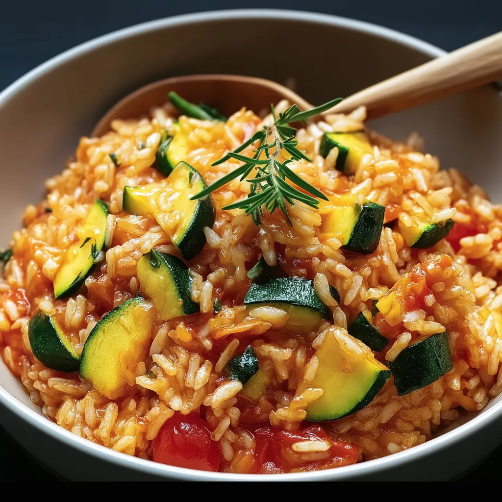 Ein weißer Teller mit einer Mischung aus Reis, Zucchini, Tomaten und Zwiebeln.