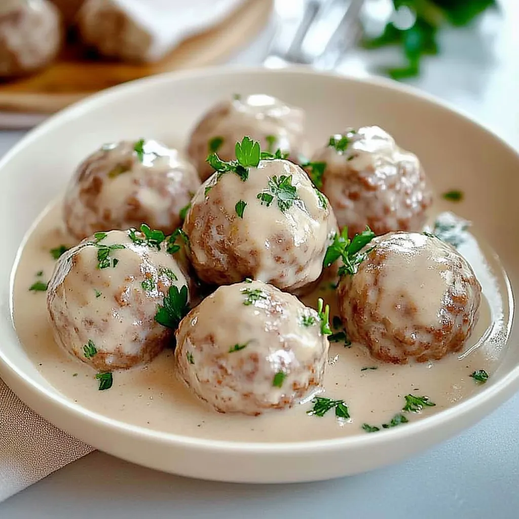 Ein weißer Teller mit sechs Mehlballen, die mit Sauce bedeckt sind.