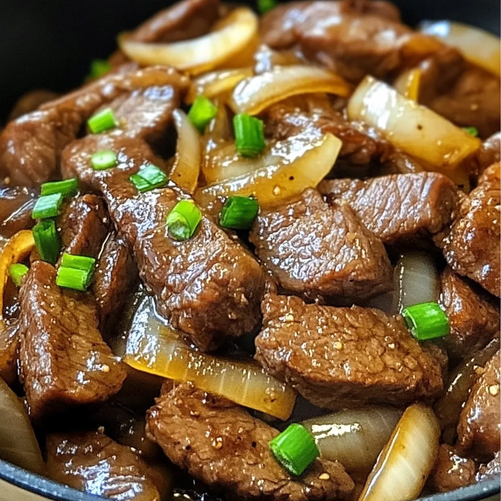 Ein Schmelztopf mit steckrigen Zwiebeln und Fleisch.