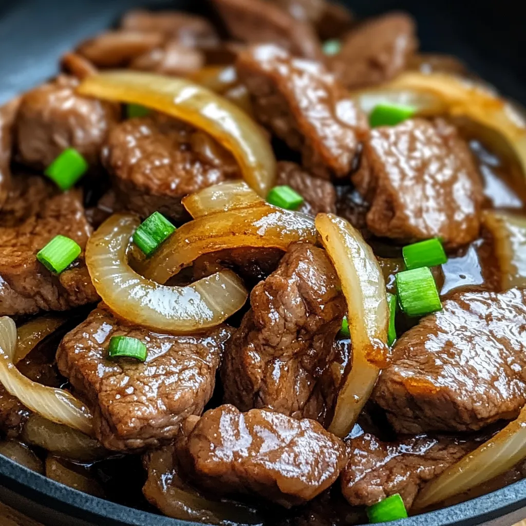 Ein Bild von einer Schüssel mit Steak, Onions und Zwiebeln.