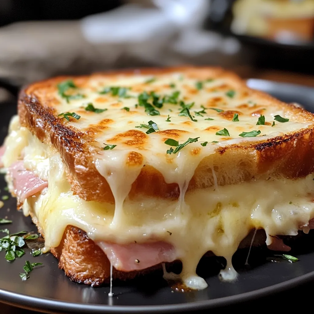 Ein Toast mit Ham und Käse auf einem schwarzen Teller.