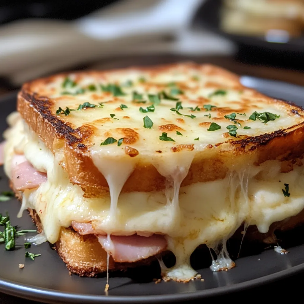 Ein Toast mit Käse und Zwiebeln auf einem schwarzen Teller.