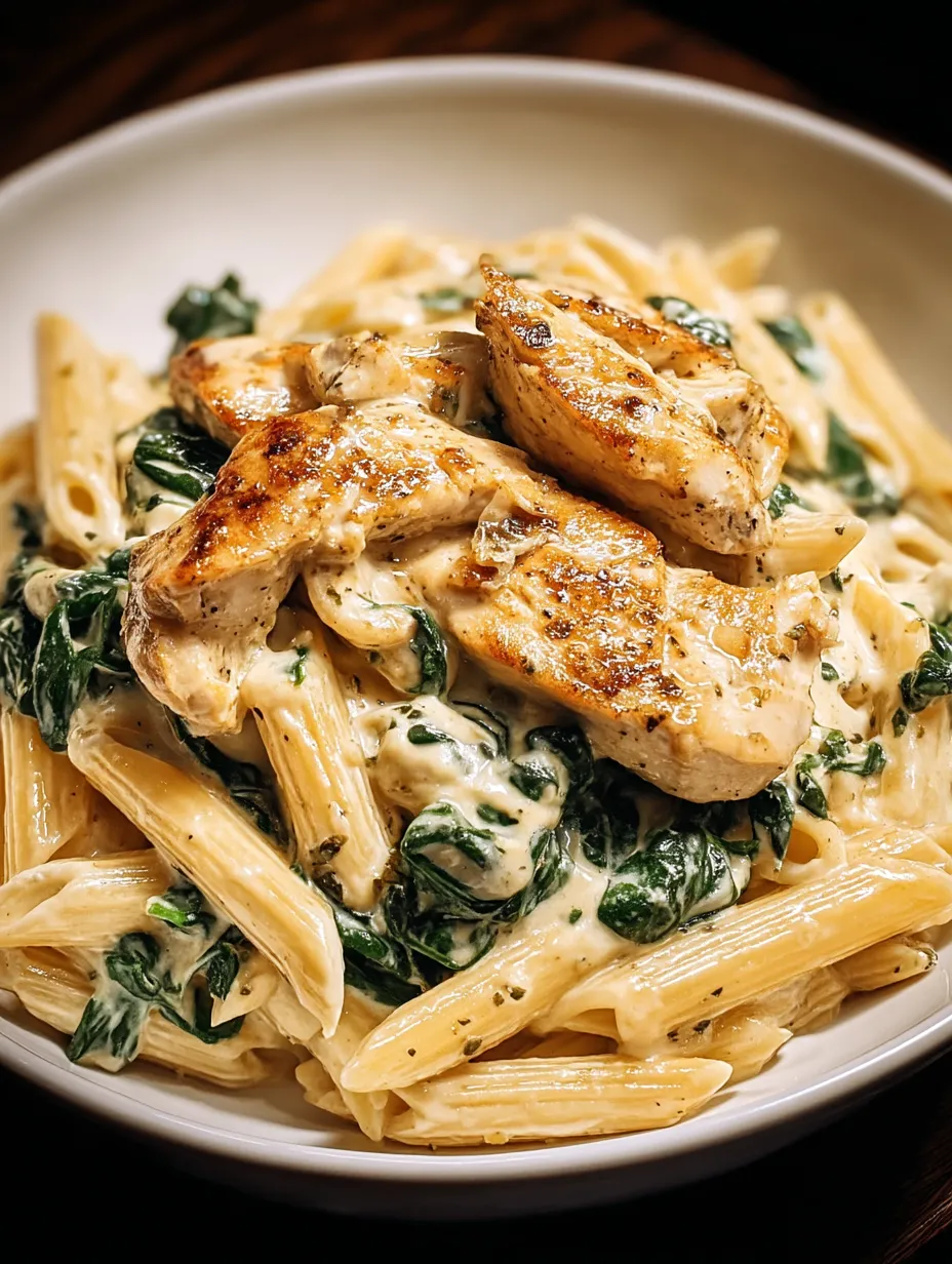 Ein weißer Teller mit Pasta, Chicken und Spinat.
