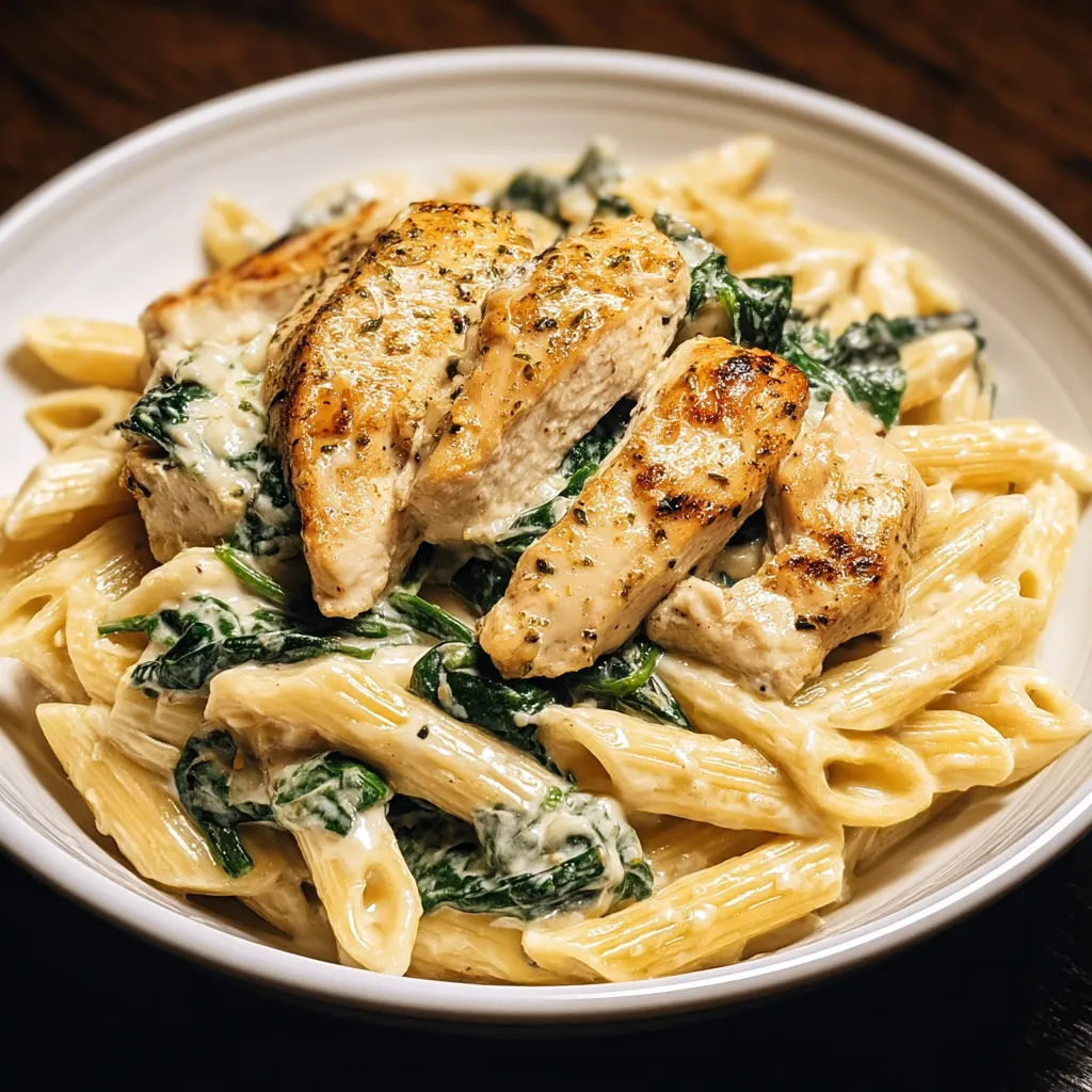 Ein weißer Teller mit Pasta, Chicken und Spinat.