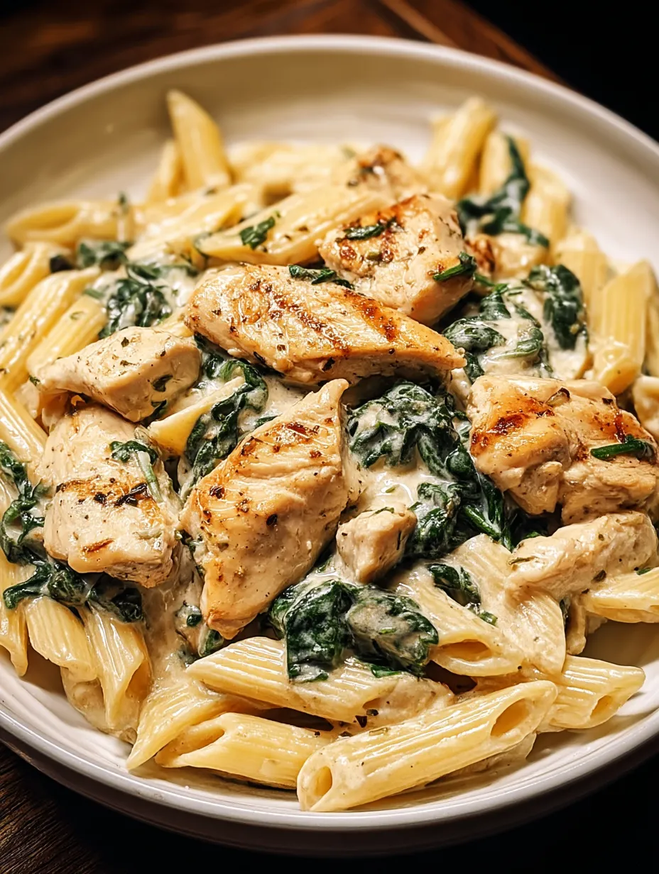 Ein weißer Teller mit Pasta, Chicken und Spinat.