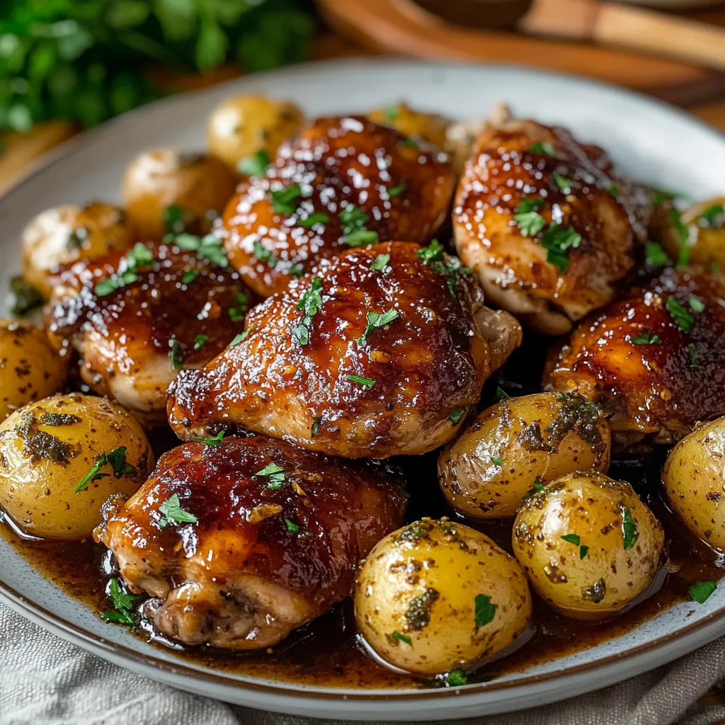 Ein Plate mit gegrillten Chickenbrust und Kartoffeln.