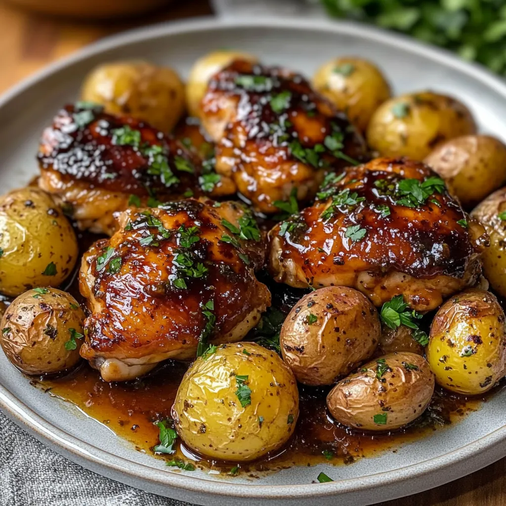 Ein Plate mit gegrilltem Chicken und Kartoffeln.
