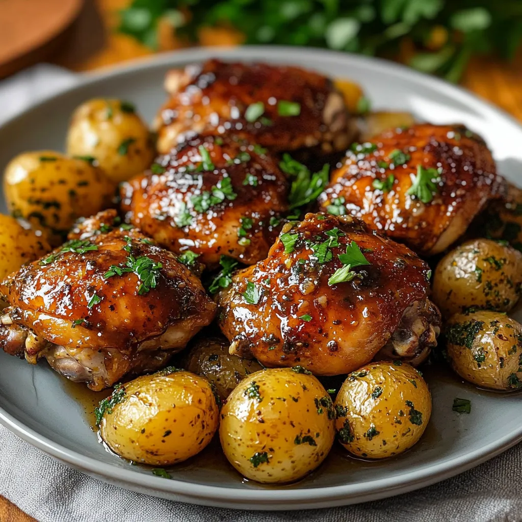 Ein Plate mit gegrillten Hühnchen und Kartoffeln.