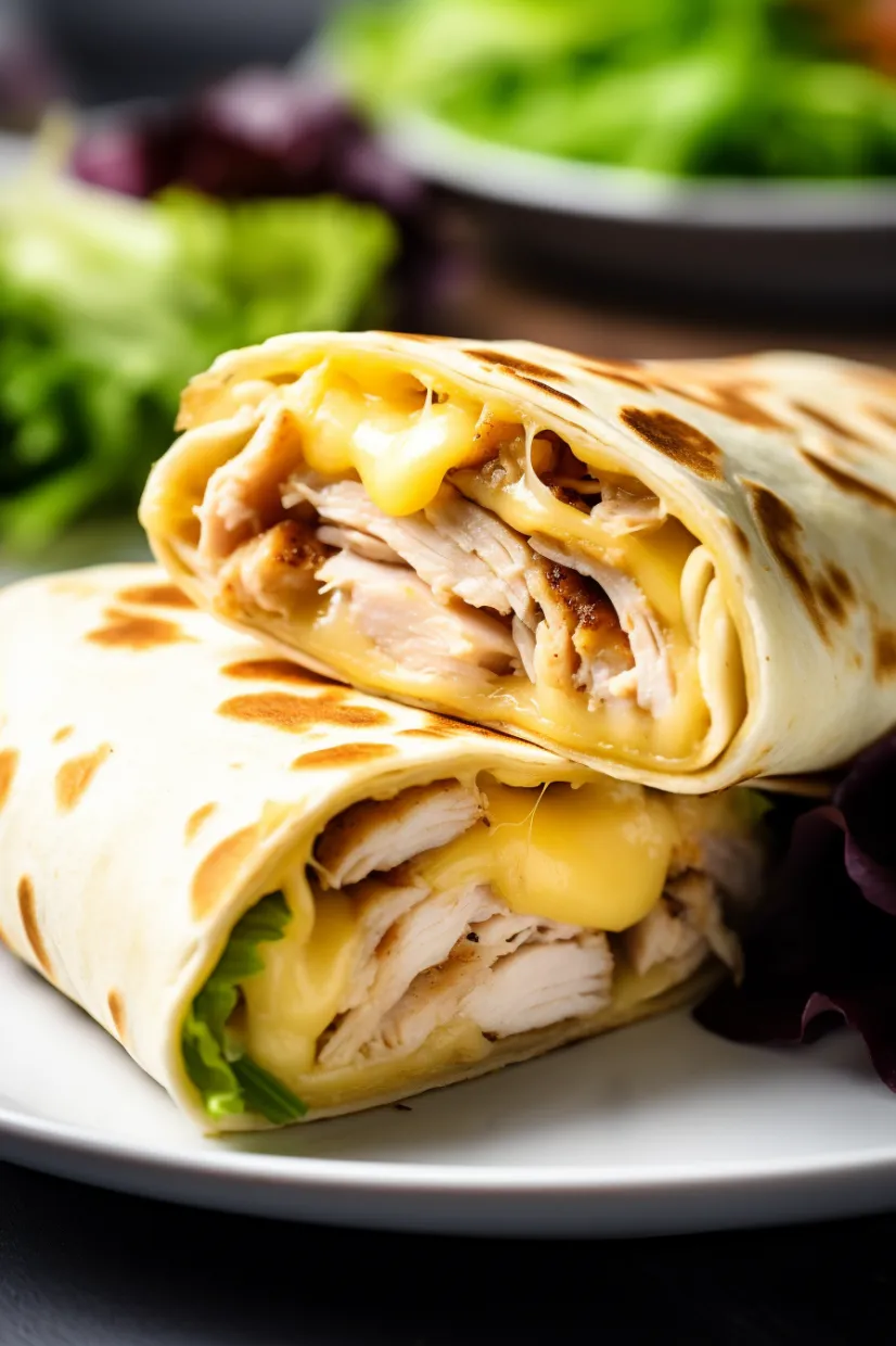 Ein Sandwich mit Käse und Chicken auf einem weißen Teller.