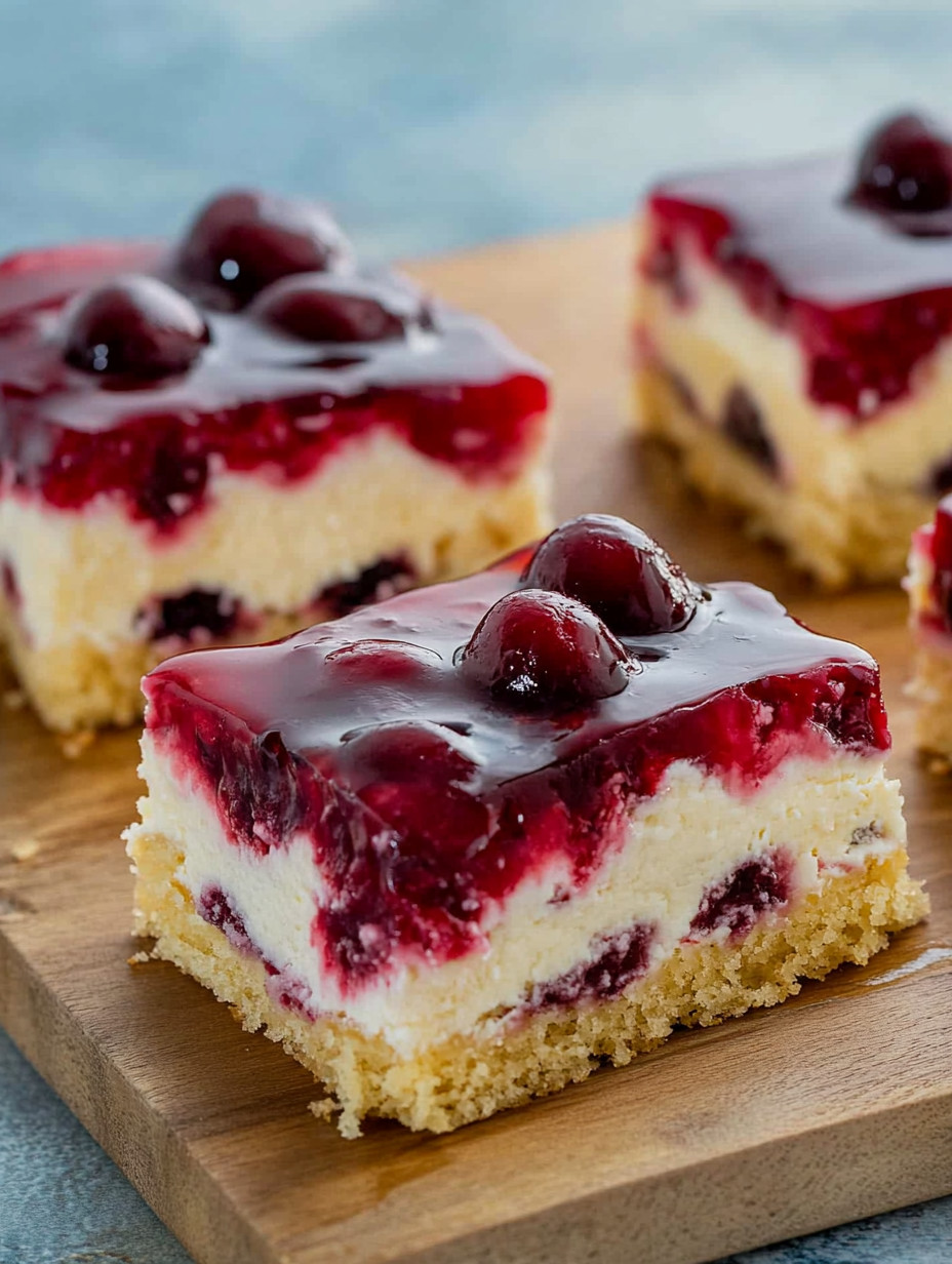 Eine Schokoladencake mit Cherry-Fruchtgarnitur auf einem Holzblock.