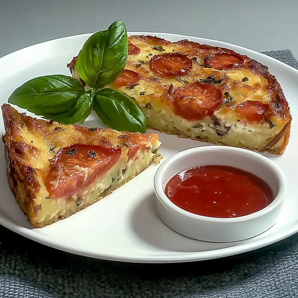 Ein weißer Teller mit einer halben Tomaten-Pizza und einer Schüssel mit Tomaten-Sauce.