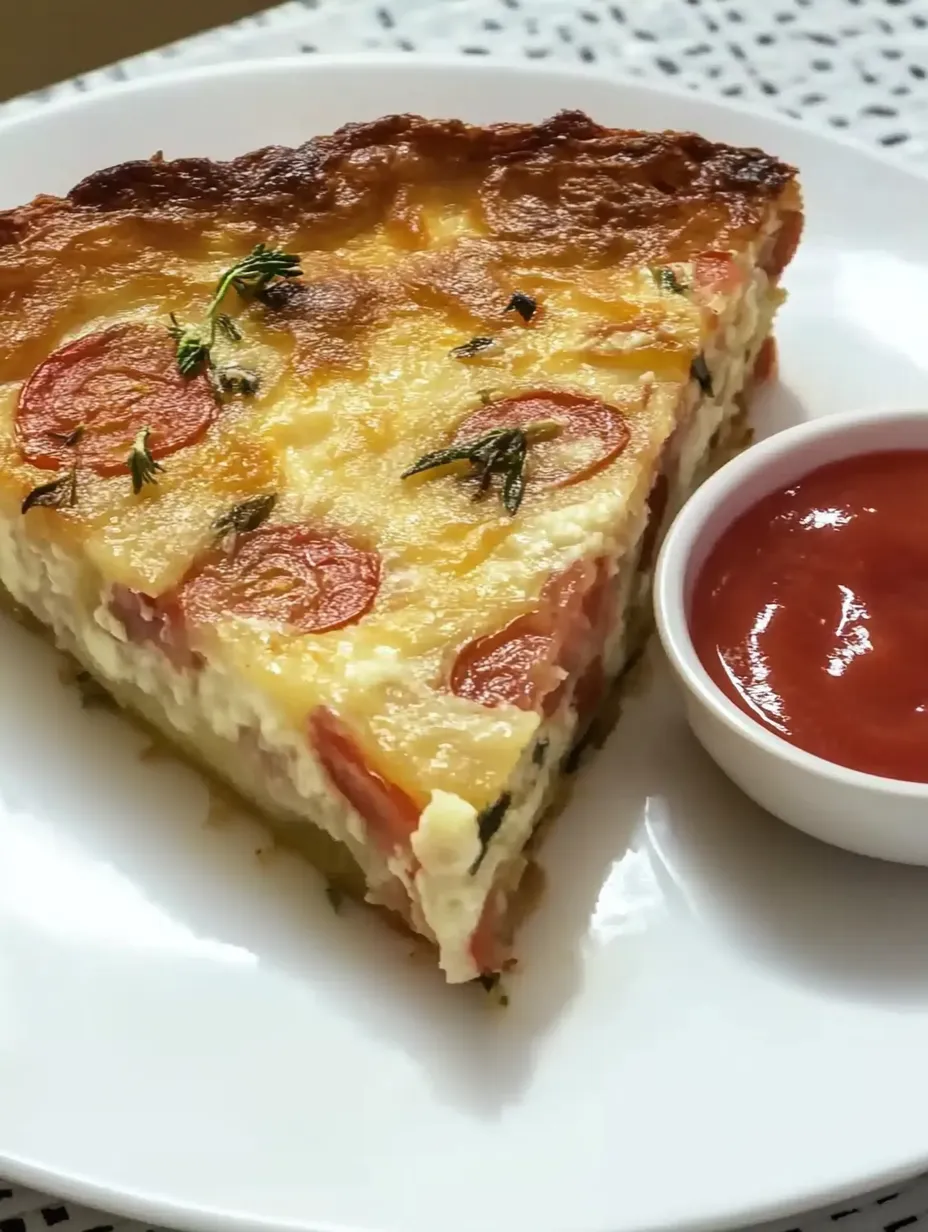 Ein Stück Käse-Tomaten-Pizza auf einem weißen Teller, der mit Tomaten-Sauce garniert ist.