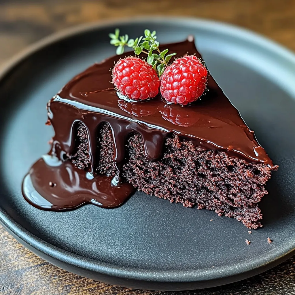 Eine Schokoladenkuche mit Raspberries auf einem schwarzen Teller.