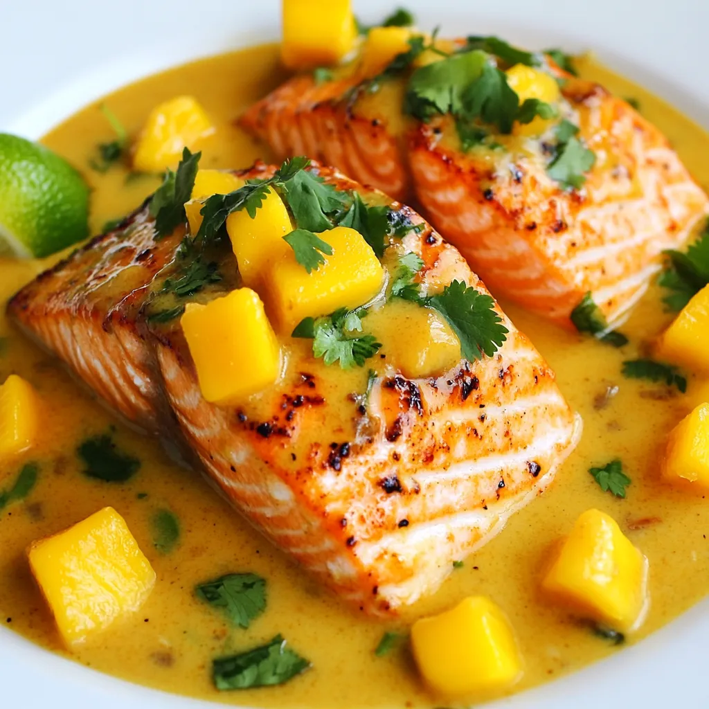 Ein Bild von zwei Salmonfilets, die in einer cremigen Sauce mit Zwiebeln und Papaya serviert werden.