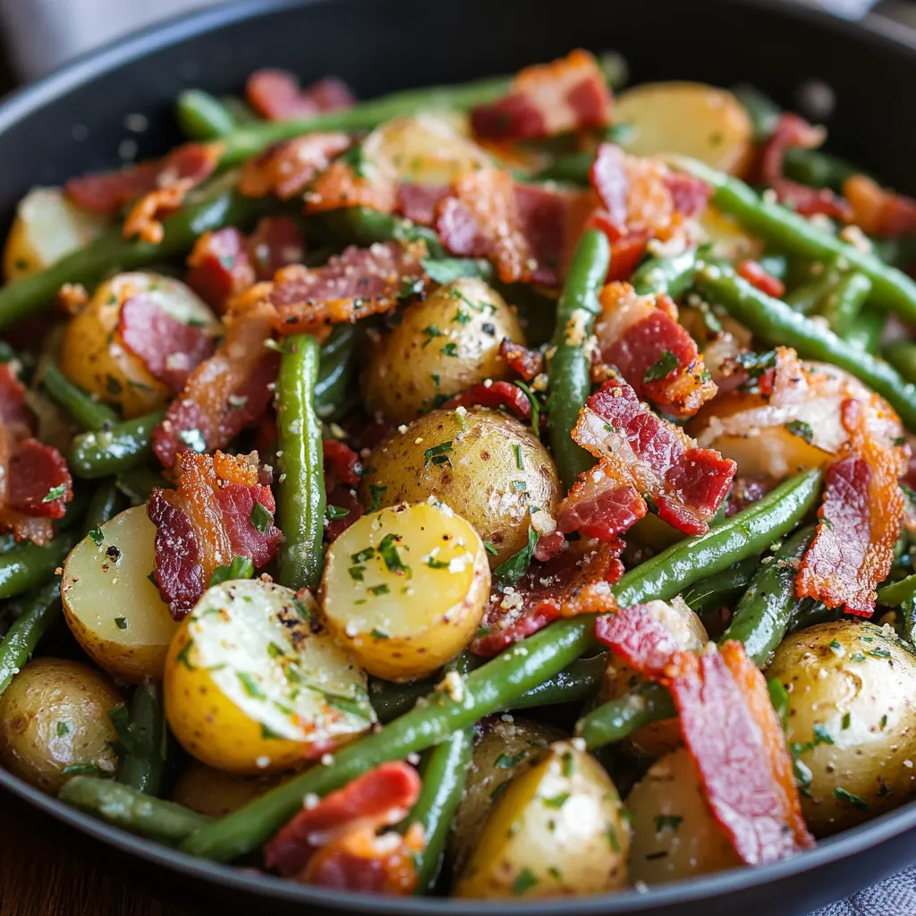 Ein schwarzes Teller mit Bacon, Gurken, Kartoffeln und Blattsalat.