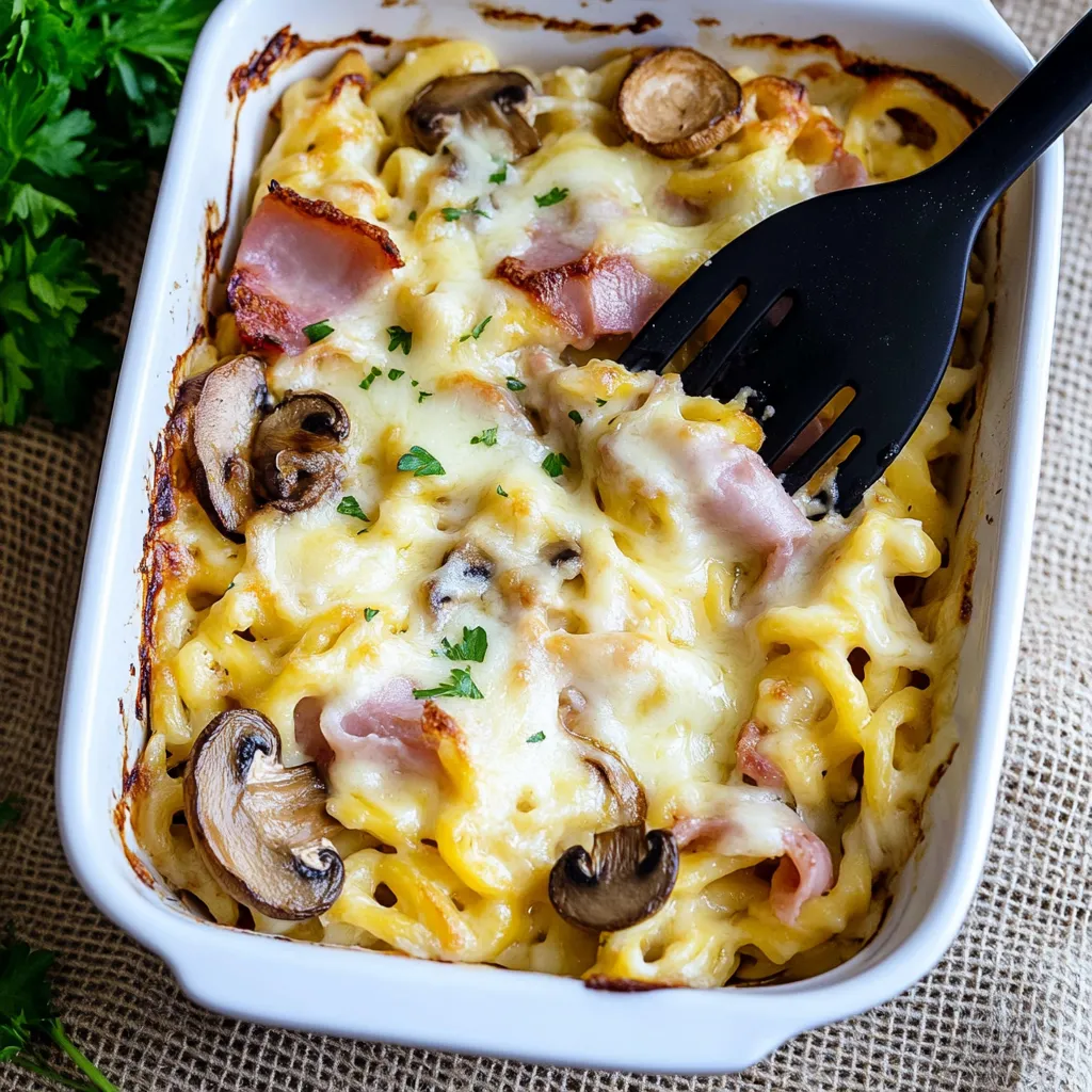 Ein weißer Teller mit einer Mischung aus Pasta, Mushrooms und Bacon.
