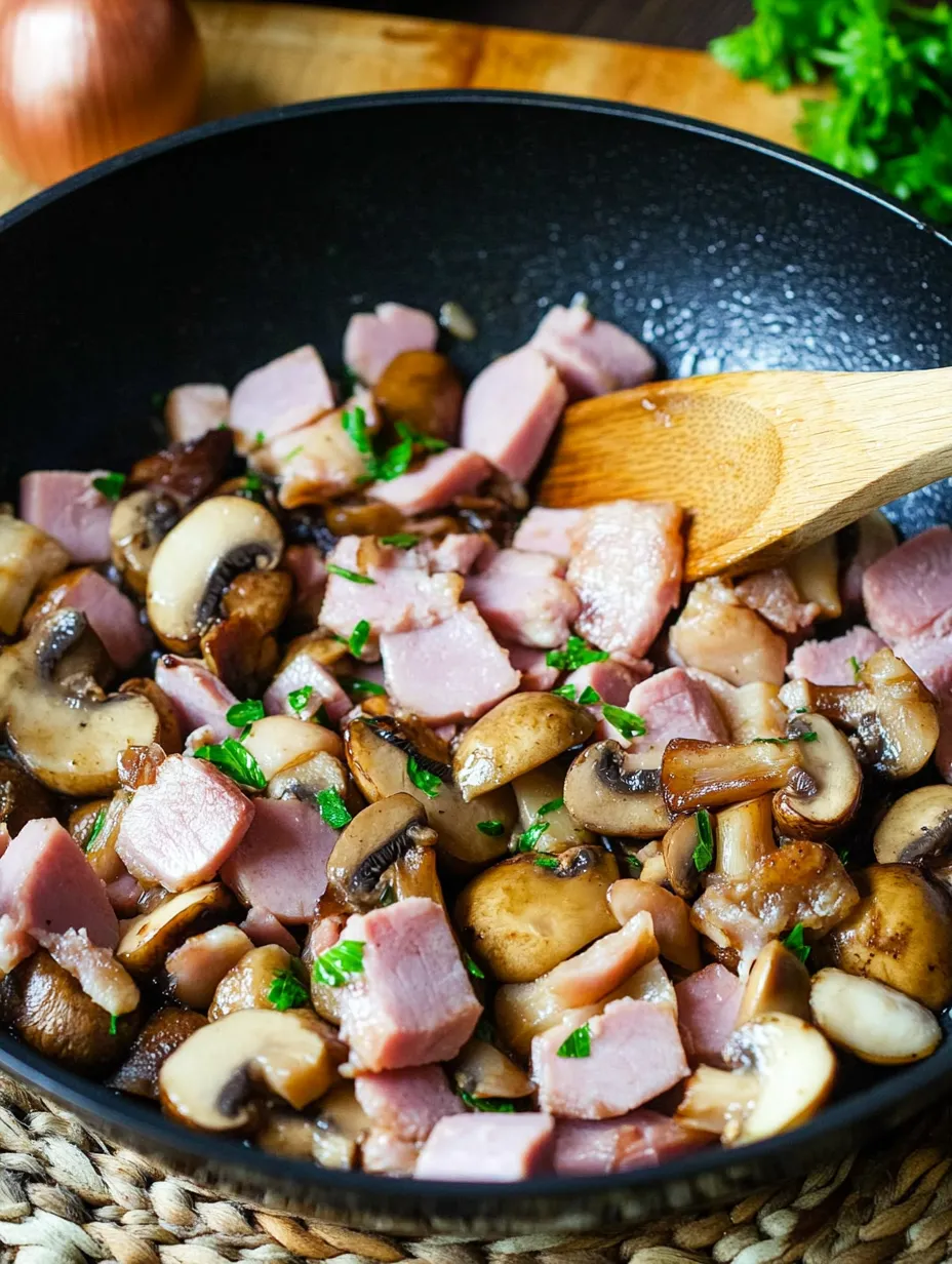 Ein schwarzes Kochgeschirr mit einer Mischung aus Mushrooms, Ham und Zwiebeln.