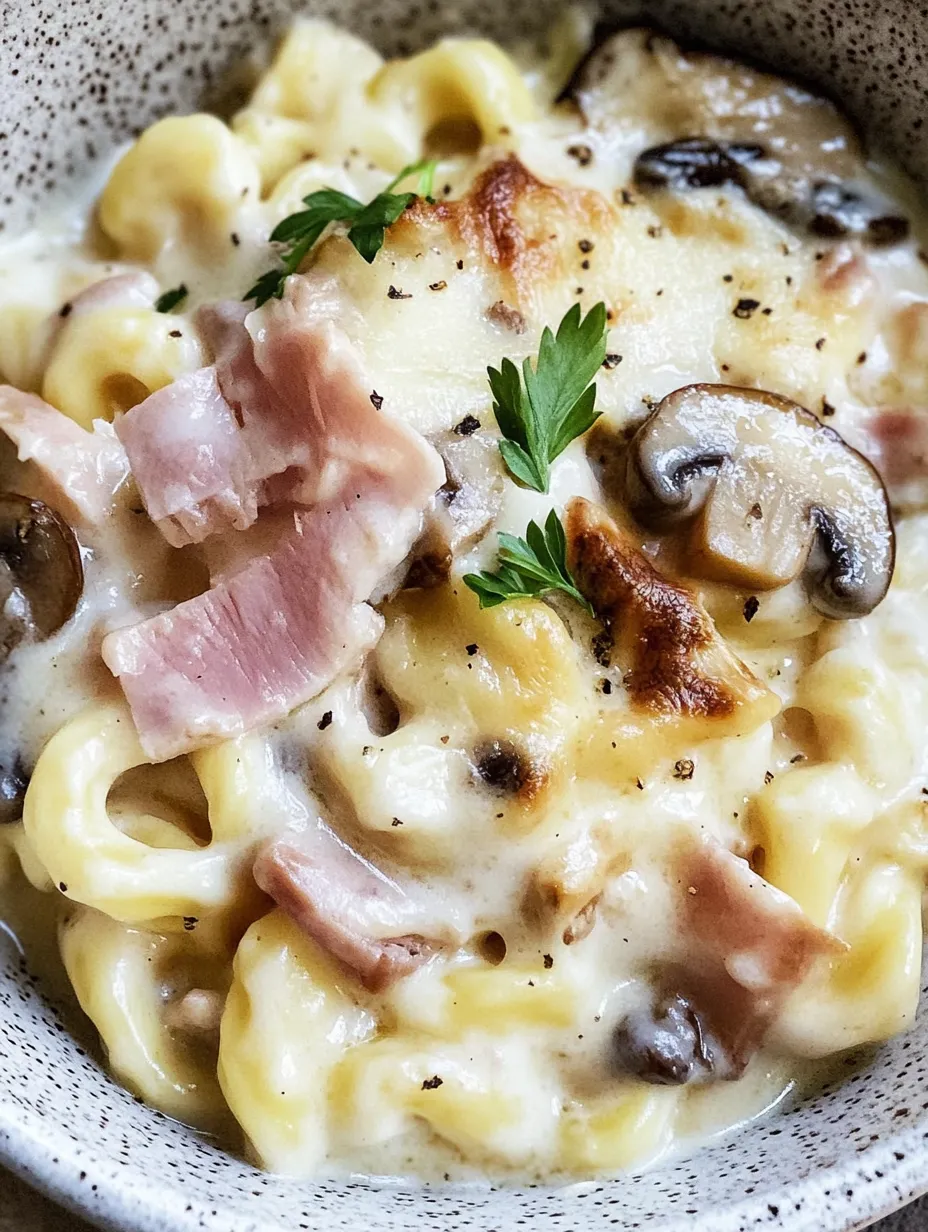 Eine Schüssel mit Pasta, Mushrooms und Bacon.