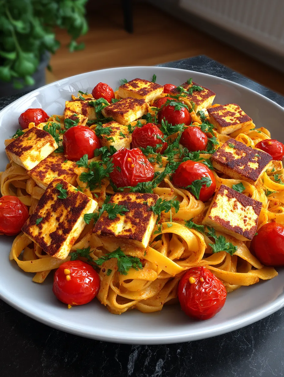 Ein weißer Teller mit einer Mischung aus Pasta, Tomaten, Zwiebeln und Käse.