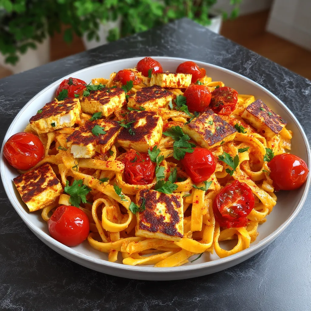 Ein weißer Teller mit einer Mischung aus Pasta, Tomaten, Zwiebeln und Käse.