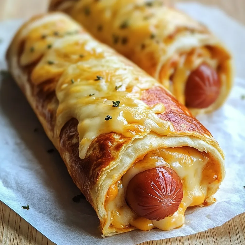 Ein Hotdog mit Käse und Zwiebeln auf einer Rolle.