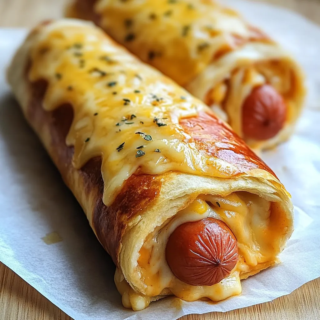 Ein Hotdog mit Käse und Kräutern auf einer Rolle.