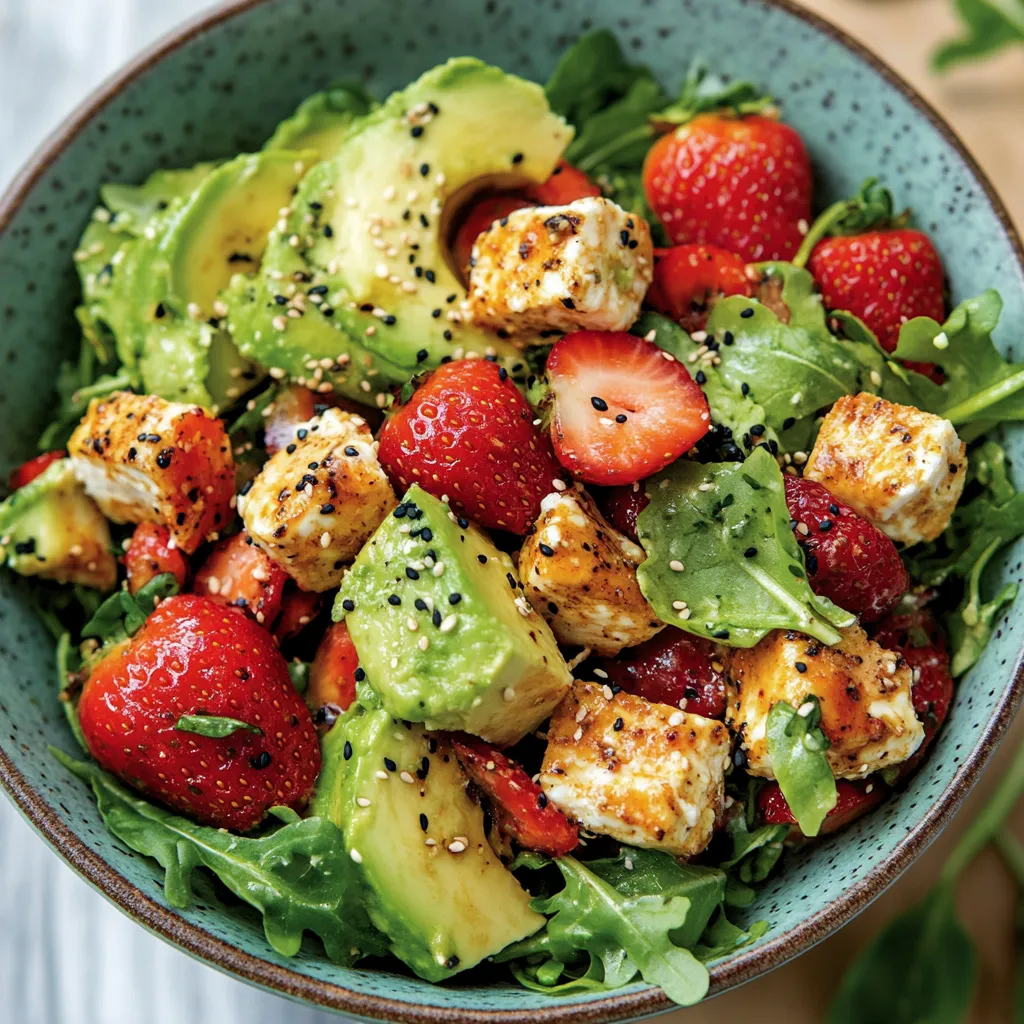 Ein großer, blauer Becher mit einer Mischung aus Avocado, Strawberries, Lettuce und Quark.
