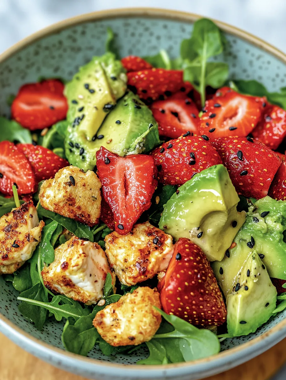 Ein großes, grünes Salat mit verschiedenen Zutaten wie Avocado, Strawberry, Kiwifruit, Garnelen und mehr.