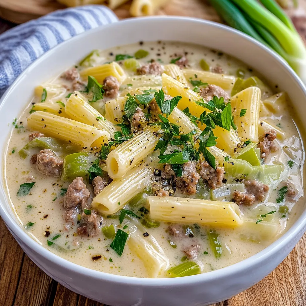 Ein weißer Teller mit Pasta, Zwiebeln und Rindfleisch.