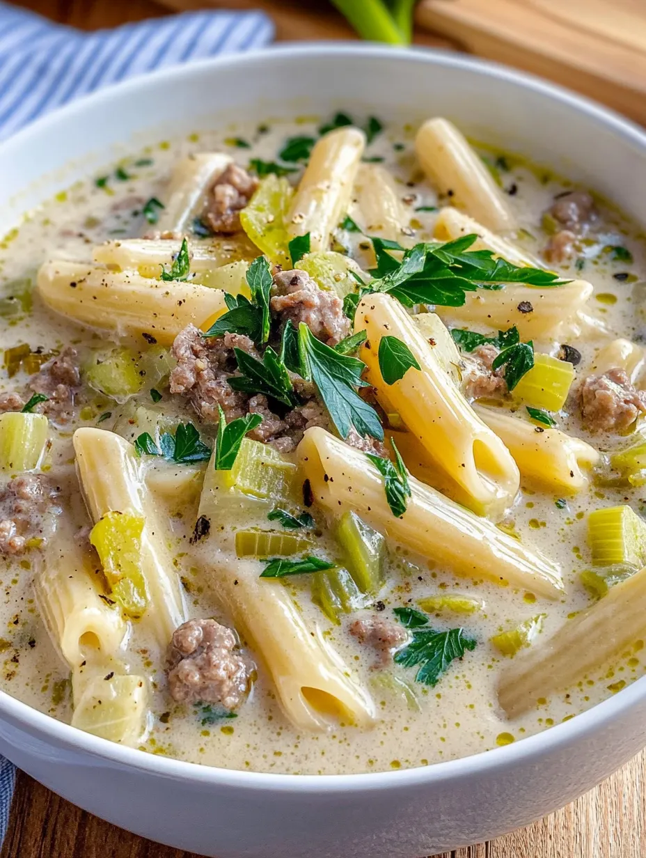 Ein weißer Teller mit Pasta, Fleisch, Zwiebeln und Käse.