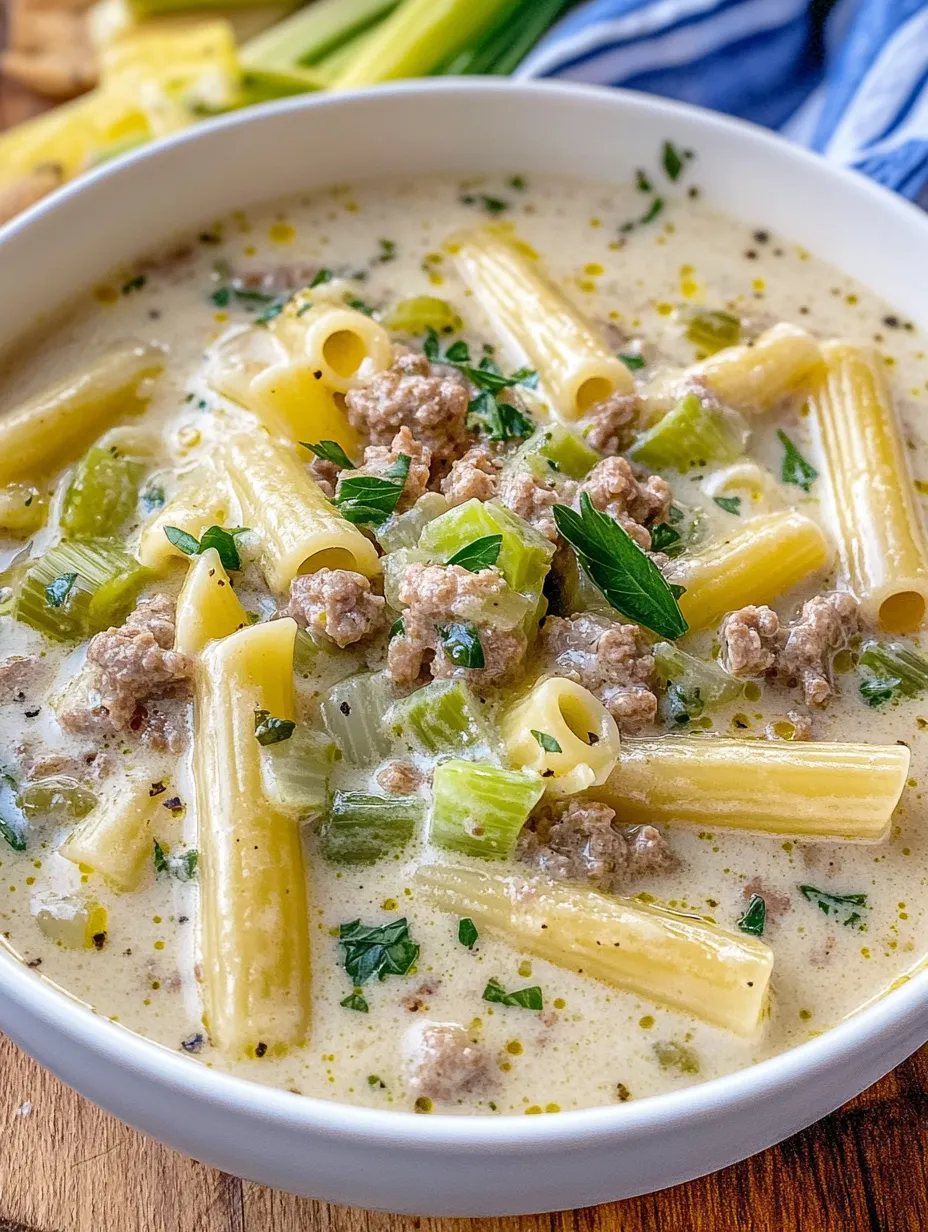 Ein weißer Teller mit Pasta, Kartoffeln, Zwiebeln und Rindfleisch.