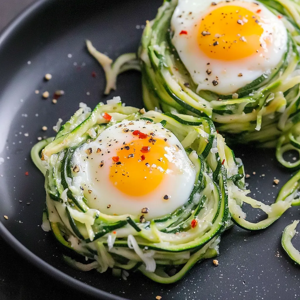 Zwei Zucchini-Rollen mit Eiern und Paprika auf einem schwarzen Teller.