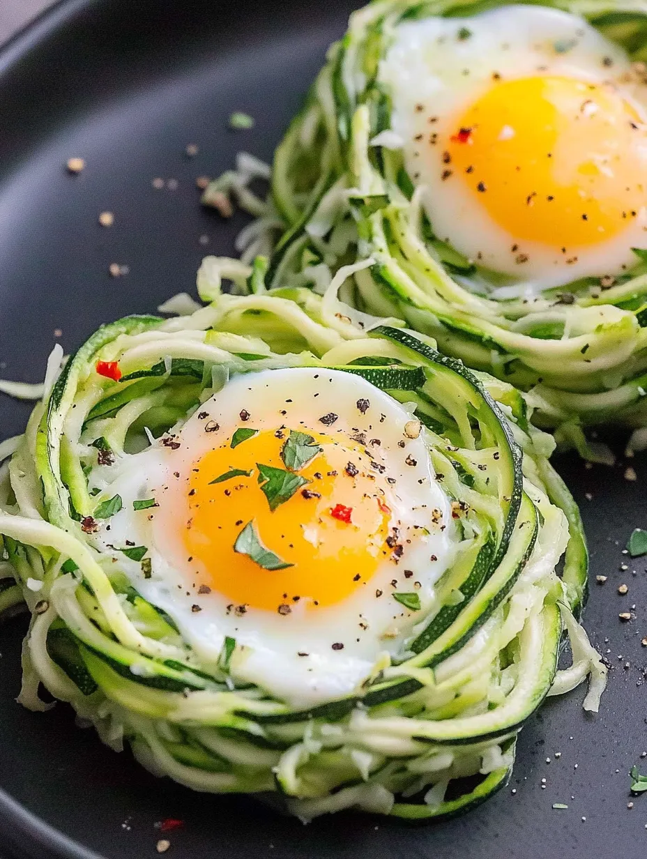 Zwei Zucchini-Rollen mit Eiern und Kräutern auf einem Teller.