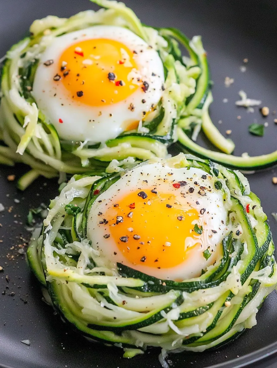 Zwei Zucchini-Rollen mit Eiern und Zwiebeln auf einem Teller.